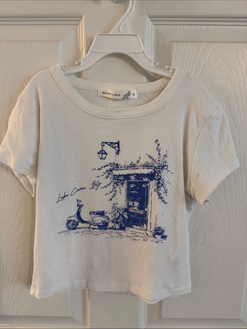 Altar'd State White Short-Sleeve Tee with Blue Scooter & Shop Print